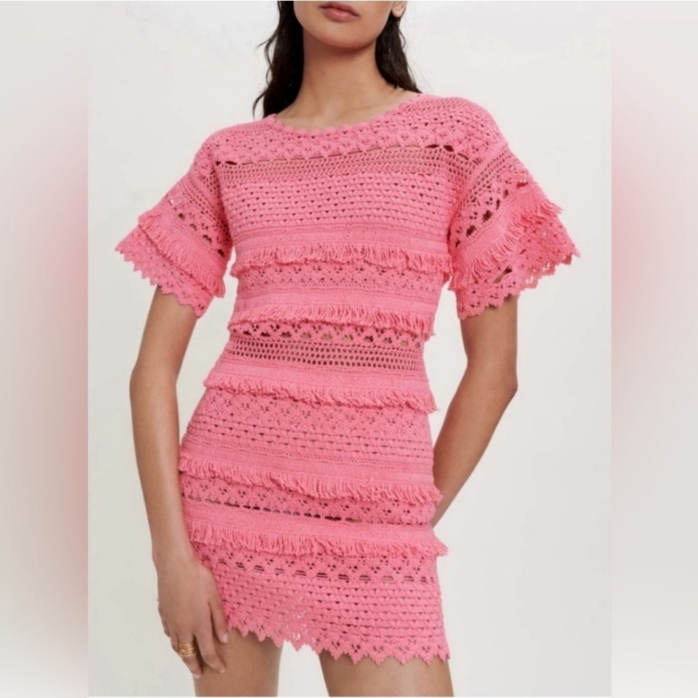 Maje Rosy Pink Crochet Fringe Short Sleeve Mini Dress NWT - Picture 3 of 16